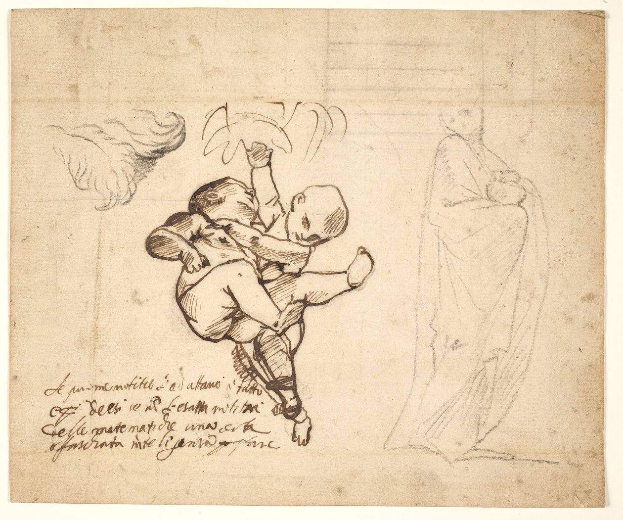 Estudio para dos putti jugando, hojas y una figura drapeada con una urna de Pietro Testa