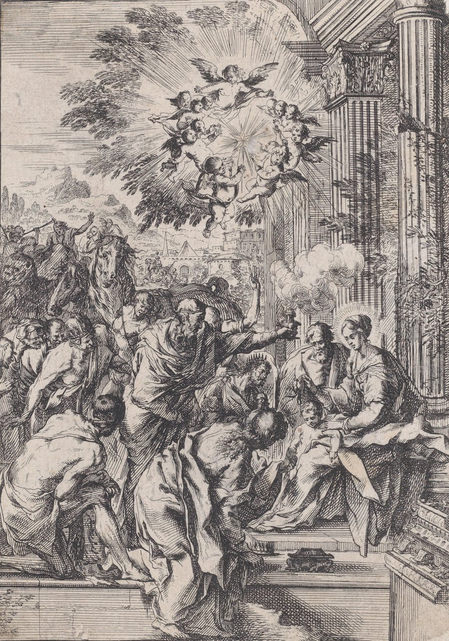 La Adoración de los Magos, ante una columnata arquitectónica, ca. 1640 de Pietro Testa