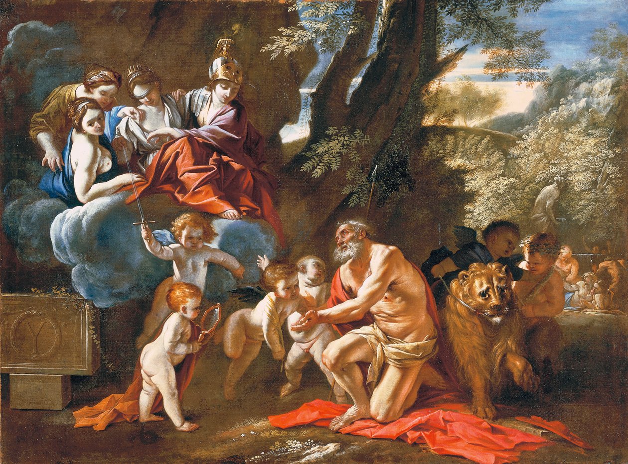Las Cuatro Virtudes Cardinales apareciendo a San Jerónimo de Pietro Testa