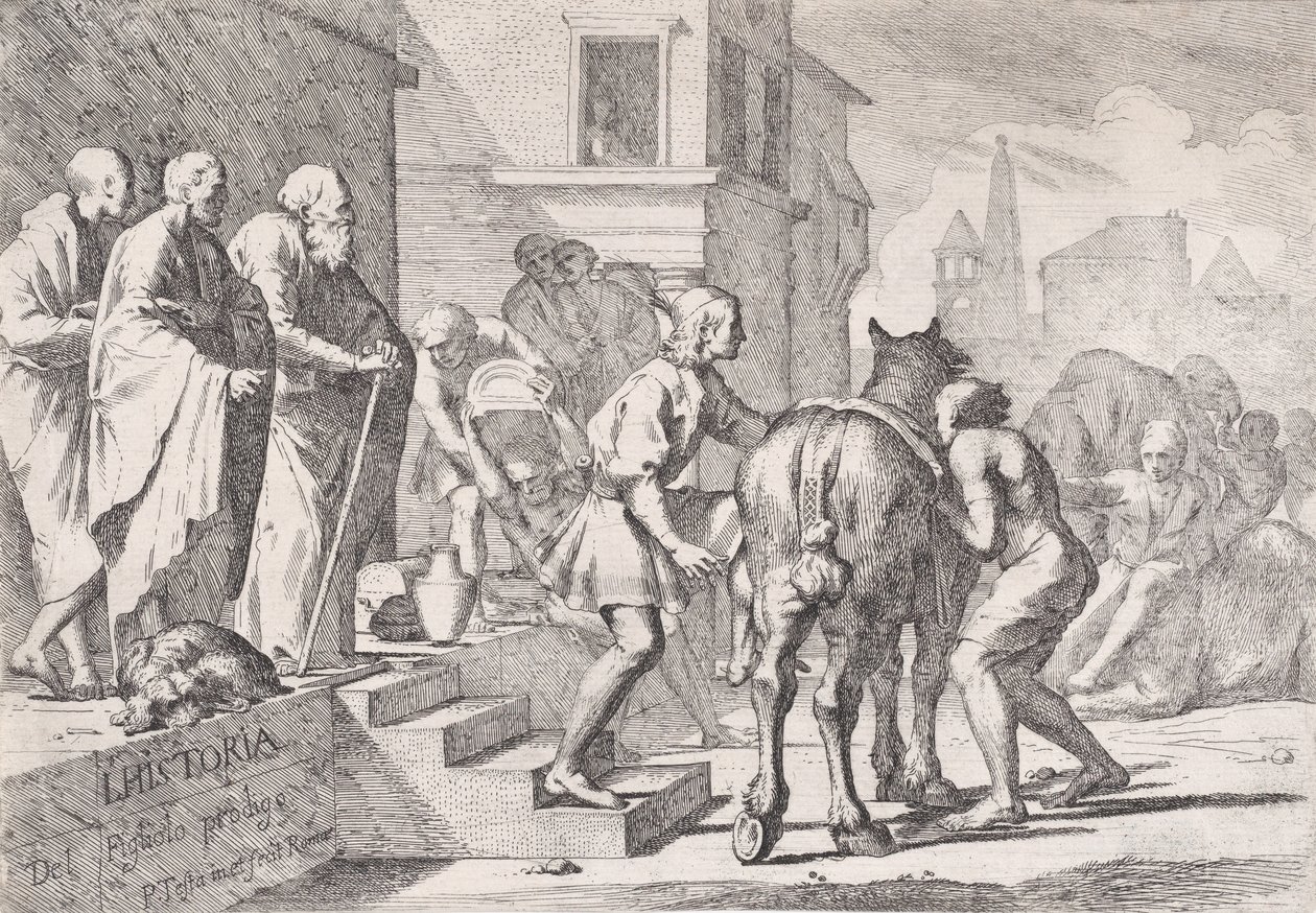 La partida del hijo pródigo, mostrado a punto de montar un caballo, de una serie de cuatro..., ca. 1645 de Pietro Testa