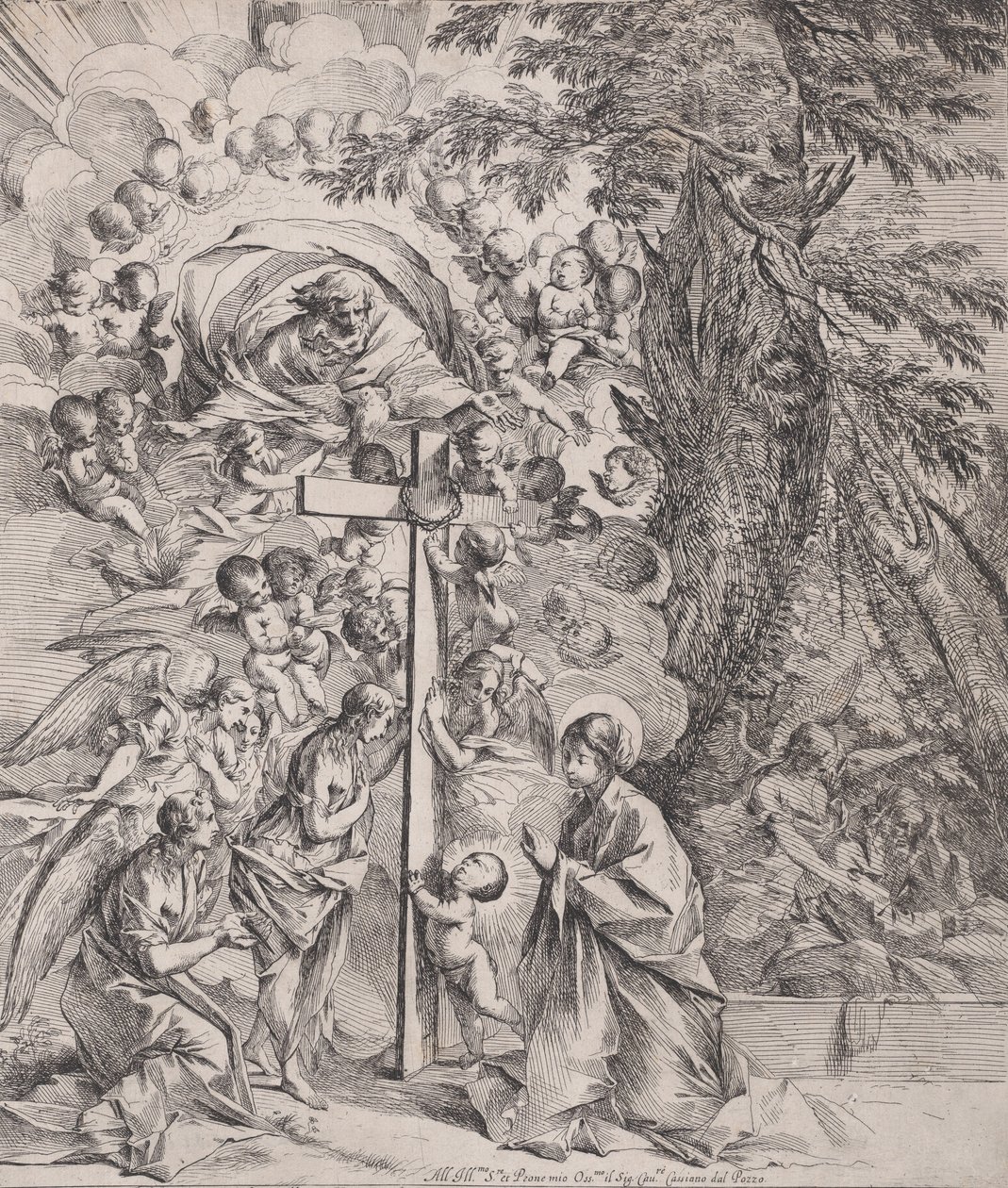 El sueño de San José, que duerme a la derecha, la Virgen y el Niño junto a una cruz de Pietro Testa