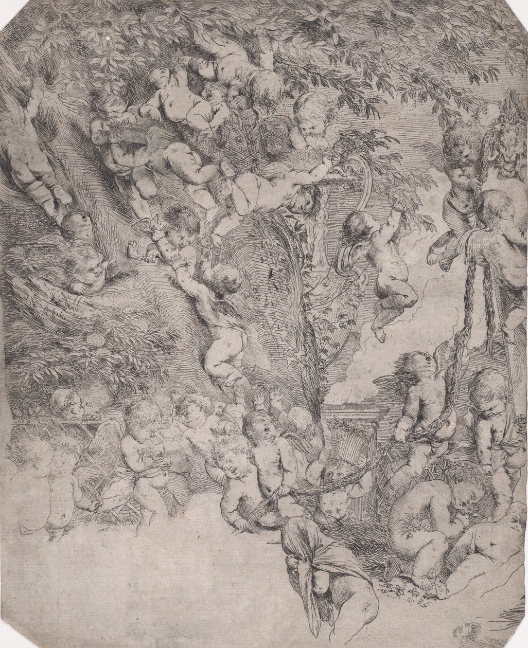 El jardín de Venus, impresión de prueba de la esquina superior izquierda, ca. 1631-37 de Pietro Testa