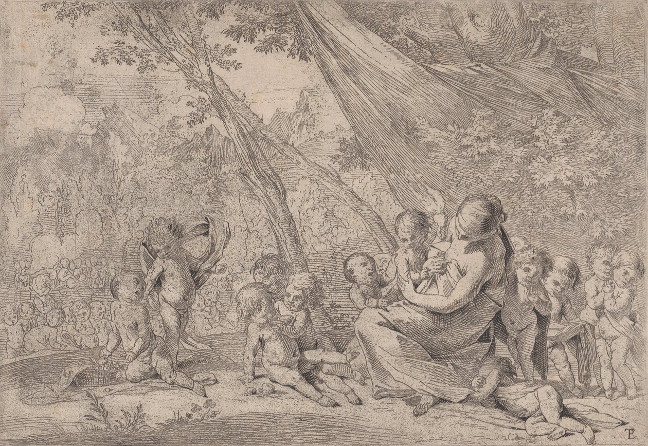 El jardín de la caridad, mujer representando la Caridad a la derecha rodeada de niños, ca. 1631-37 de Pietro Testa