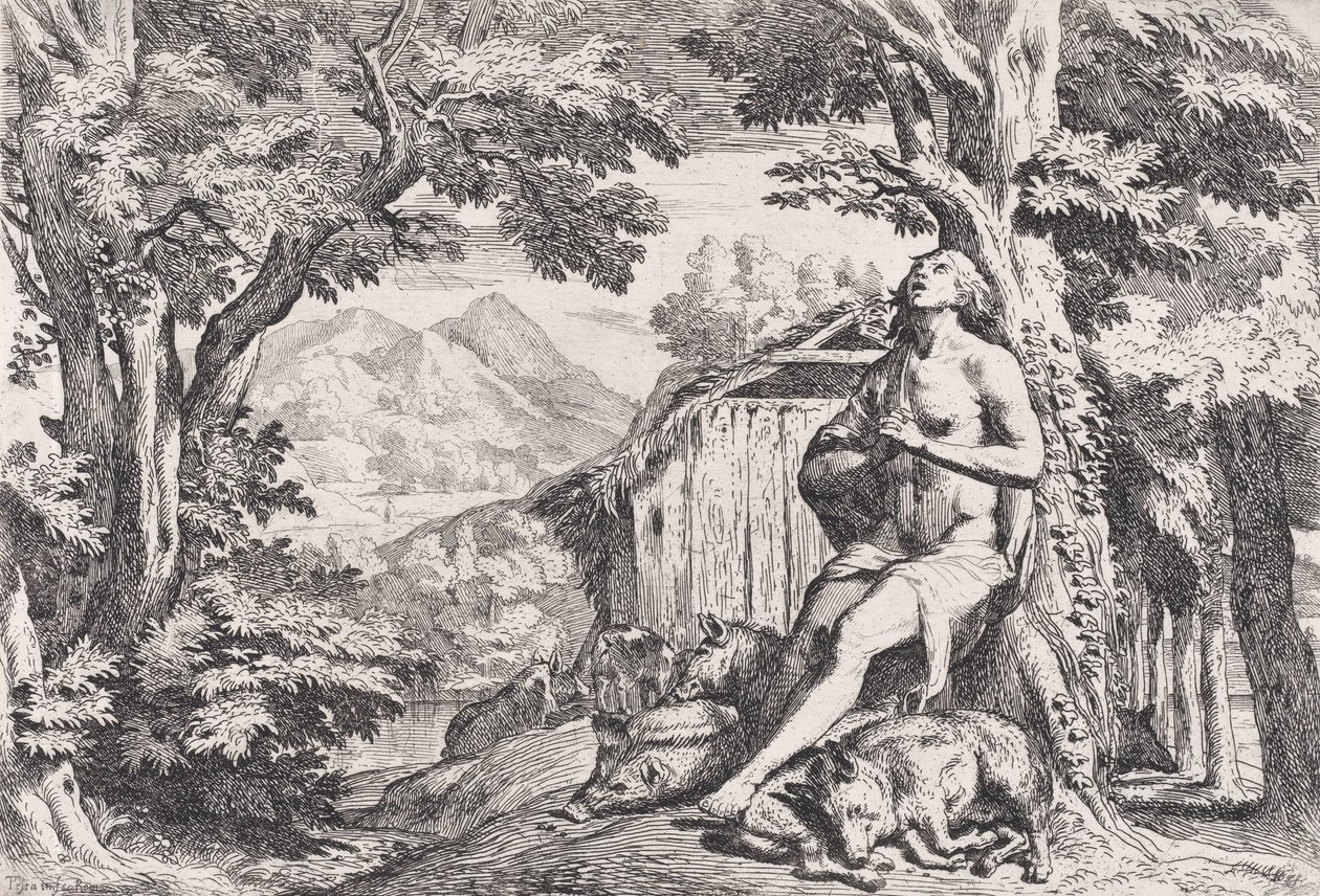 El hijo pródigo entre los cerdos, de una serie de cuatro grabados, ca. 1645 de Pietro Testa