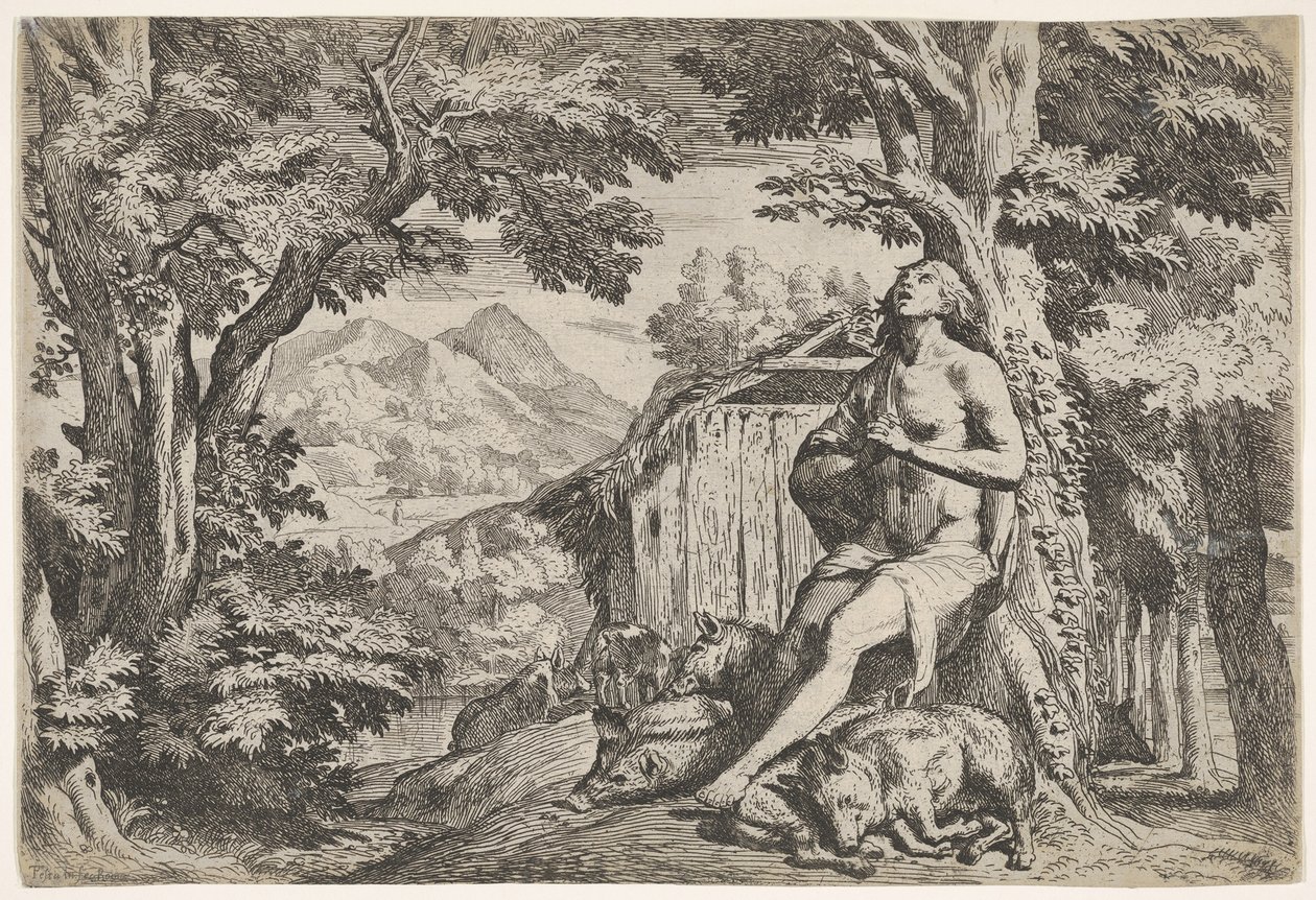 El hijo pródigo sentado al pie de un árbol entre cerdos, su mirada dirigida hacia arriba, ca. 1640-50 de Pietro Testa