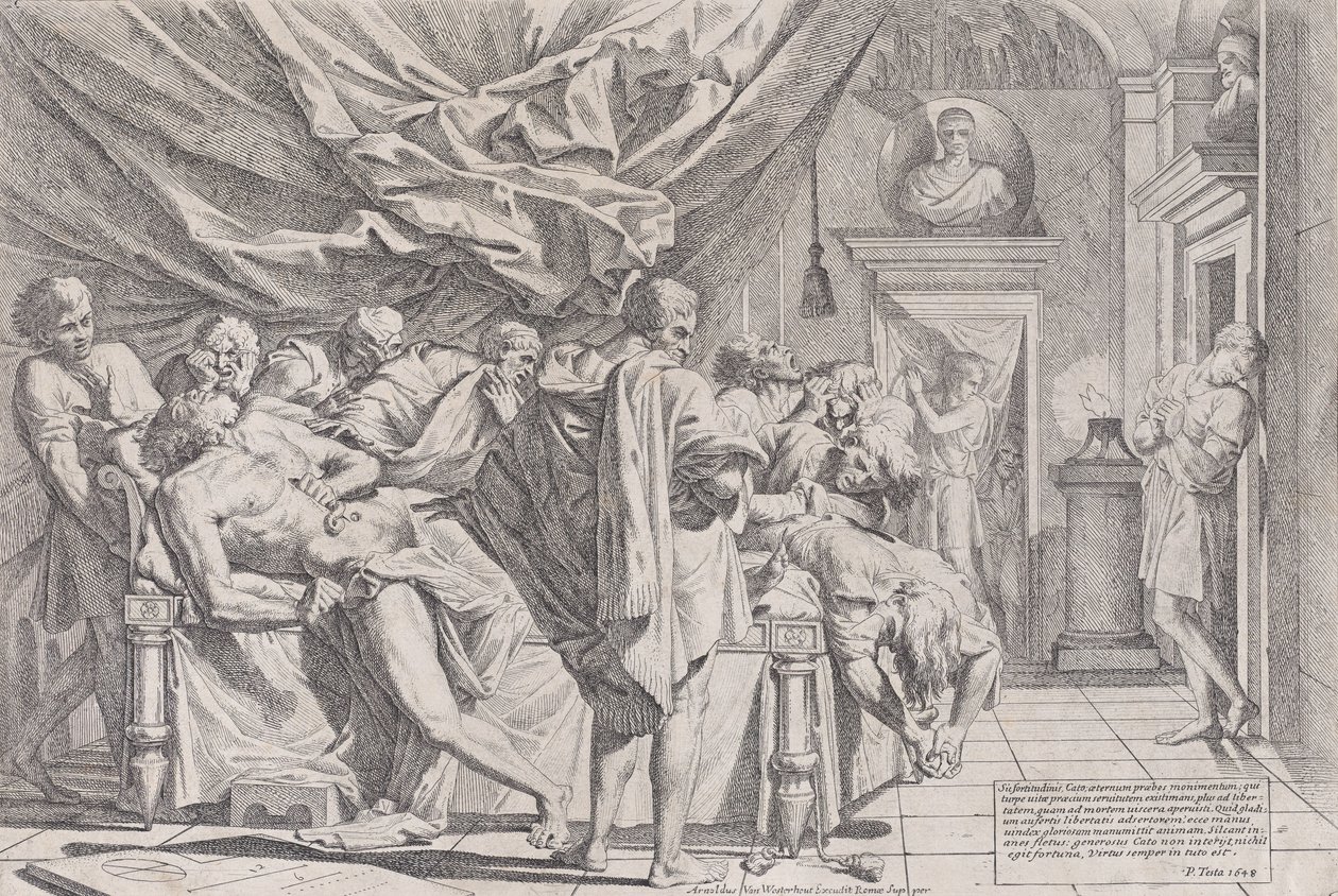 El suicidio del filósofo Cato, que yace en su cama sacándose las entrañas observado por..., 1648 de Pietro Testa