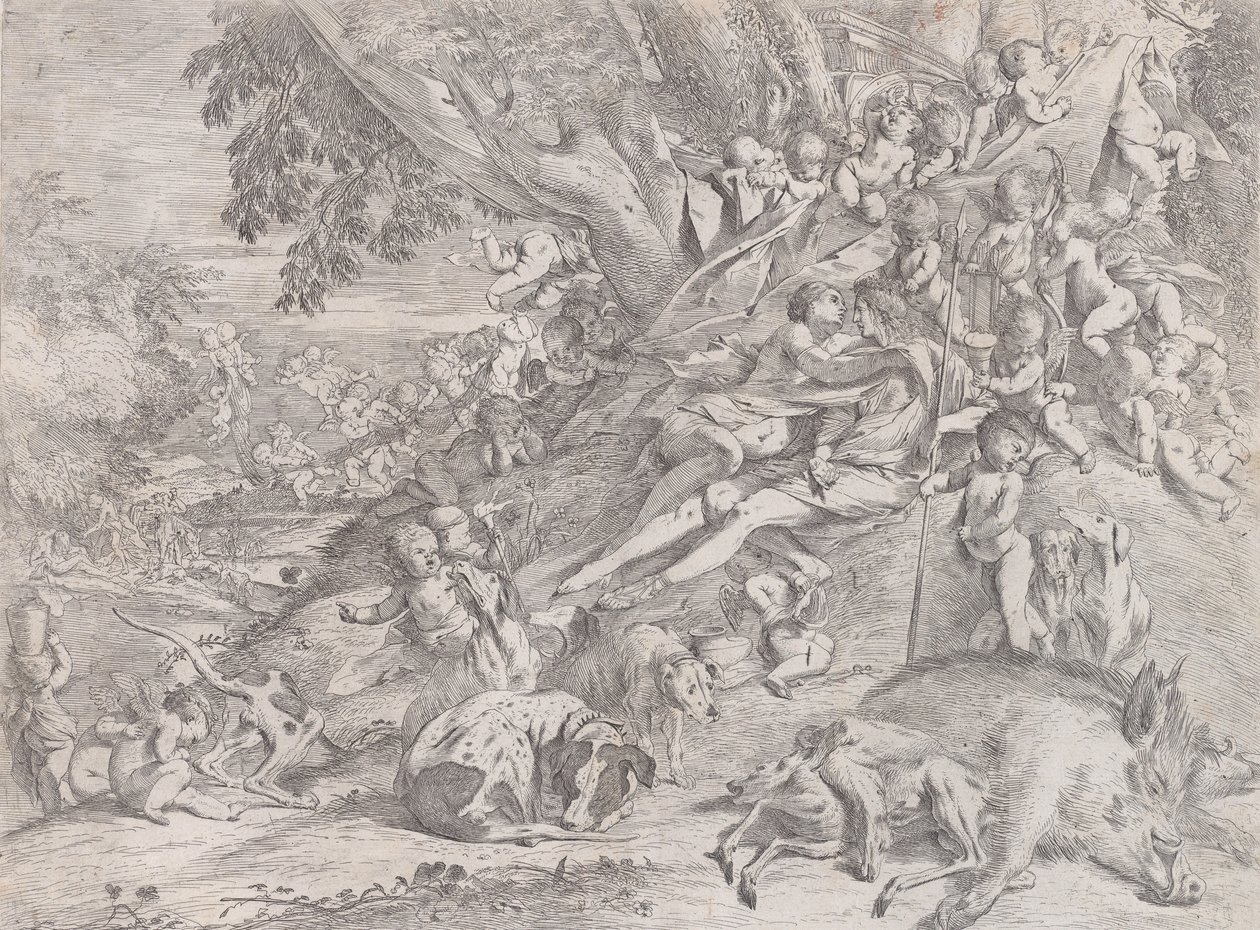 Venus y Adonis, rodeados de muchos putti, reclinados después de la caza, con un jabalí muerto, 1631-37 de Pietro Testa
