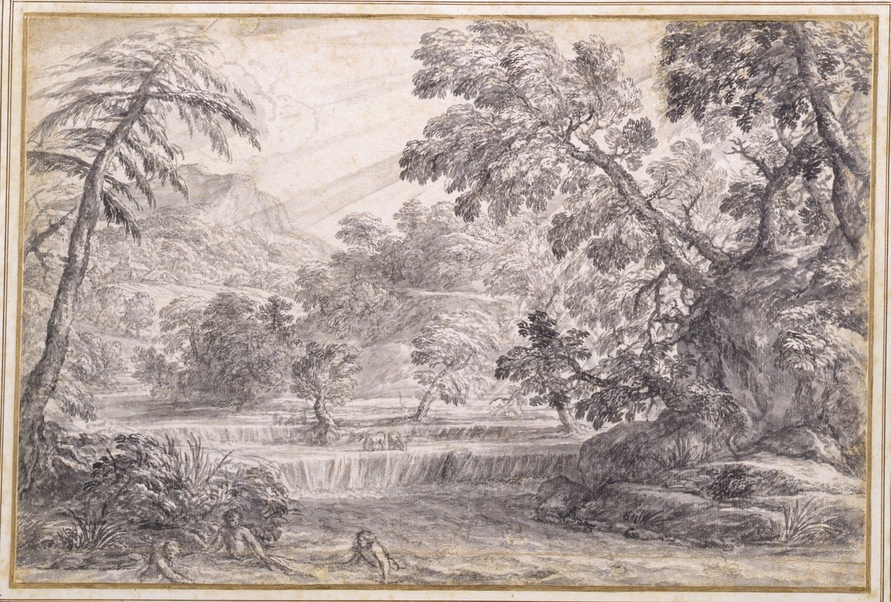 A Wooded River Landscape, c.1650 (tiza negra, pincel y tinta gris con aguada gris sobre papel) de Pietro da Cortona