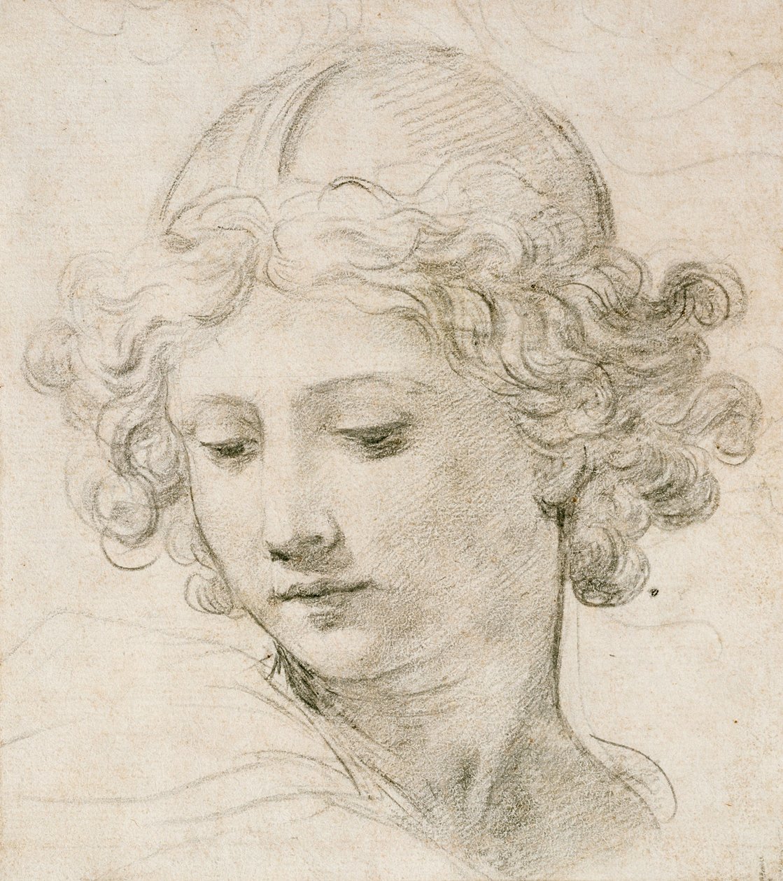 Cabeza de un ángel, mirando hacia abajo a la izquierda de Pietro da Cortona