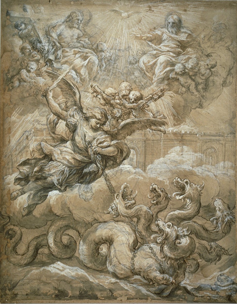 La Santísima Trinidad con San Miguel venciendo al dragón, 1666 de Pietro da Cortona
