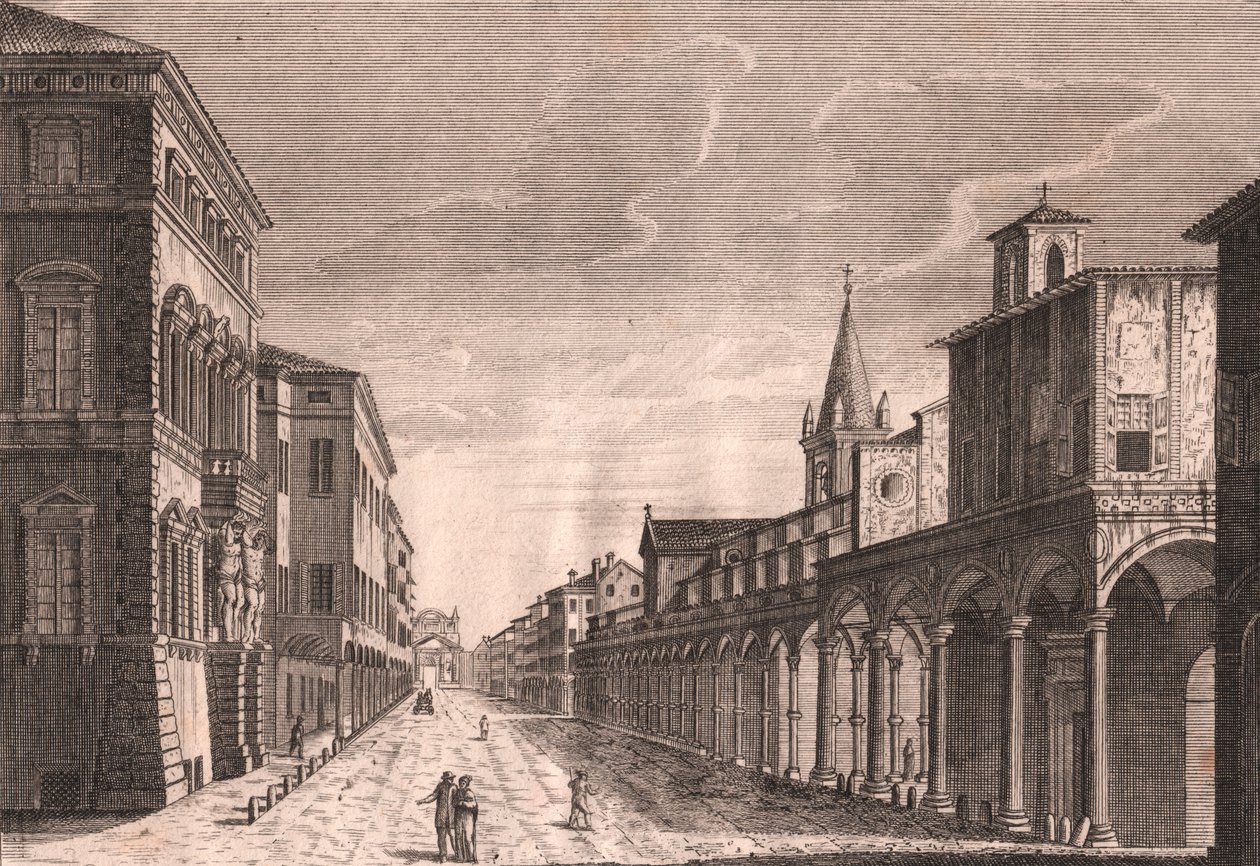 Vista de la Strada Maggiore en Bolonia, Emilia-Romaña, Italia, grabado en cobre de C. Lambertini a partir de un dibujo de Pio Panfili (1723-1812), aproximadamente 13,5 x 19 cm. de Pio Panfili