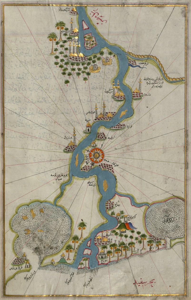 Mapa del río Nilo desde su estuario hacia el sur de Piri Reis