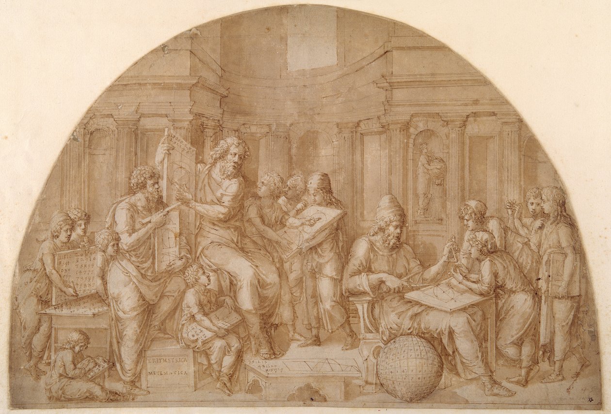 Diseño para una luneta, con figuras de matemáticos y sus estudiantes de Pirro Ligorio