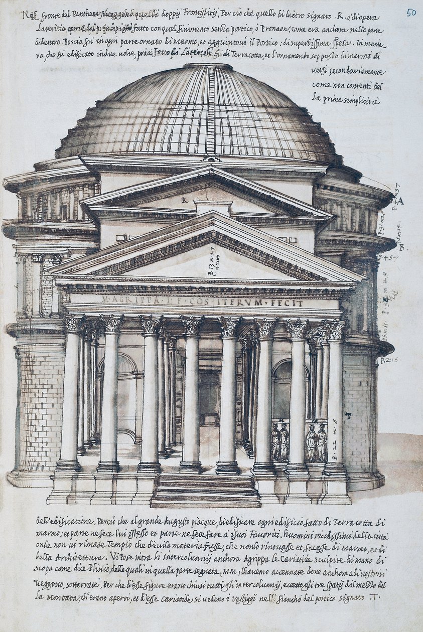Vista del Panteón en Roma, dibujo del volumen XIII de XXX Libri delle Antichita (Libros de Antigüedades) de Pirro Ligorio