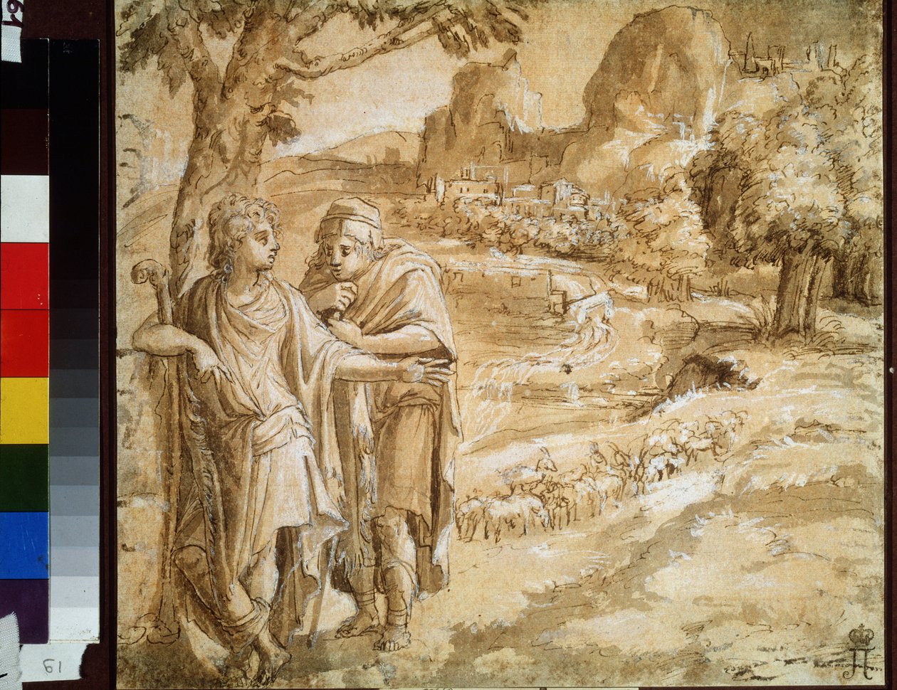 "Pastor y peregrino en un paisaje" (Pastor y peregrino en un paisaje) Acuarela y tinta de Pirro Ligorio (1510-1583) Circa 1550 Museo Pushkin, Moscú de Pirro Ligorio
