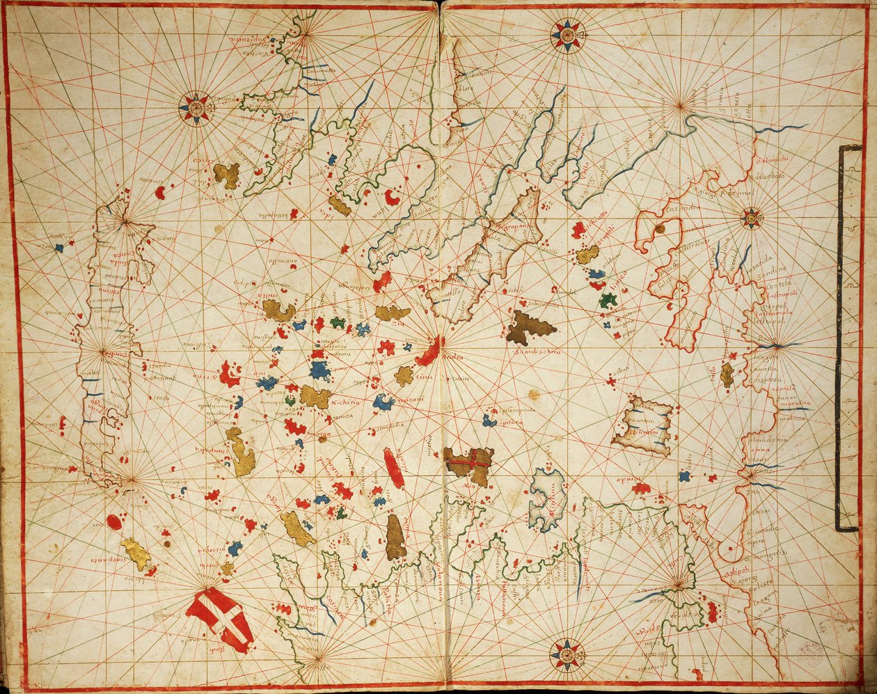 Mar Egeo, del atlas portolano que consta de seis cartas, por Placido Caloiro y Francesco Oliva, Pergamino. 1646. de Placido Caloiro e Oliva