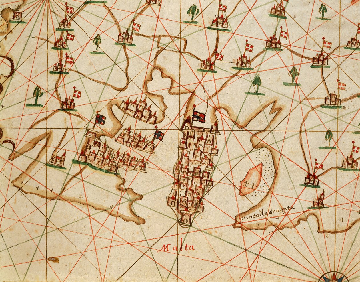 Isla de Malta, del atlas portolano compuesto de seis cartas, por Placido Caloiro y Francesco Oliva, Pergamino. 1646. de Placido Caloiro e Oliva