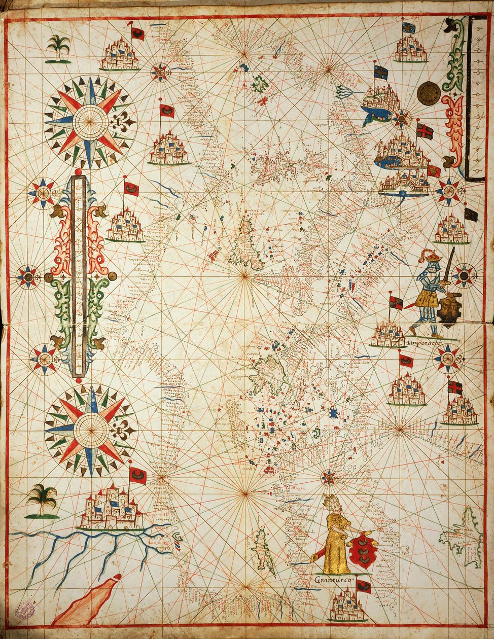 Mar Mediterráneo, del atlas portolano de seis cartas, por Placido Caloiro y Francesco Oliva, Pergamino. 1646. de Placido Caloiro e Oliva
