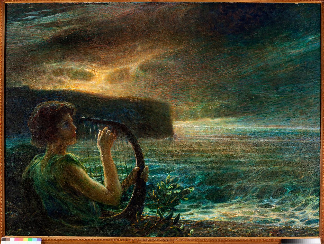 Luna llena, Homenaje a una deidad femenina, tocando la lira en un paisaje marino con cielo tormentoso (óleo sobre lienzo de Plinio Nomellini
