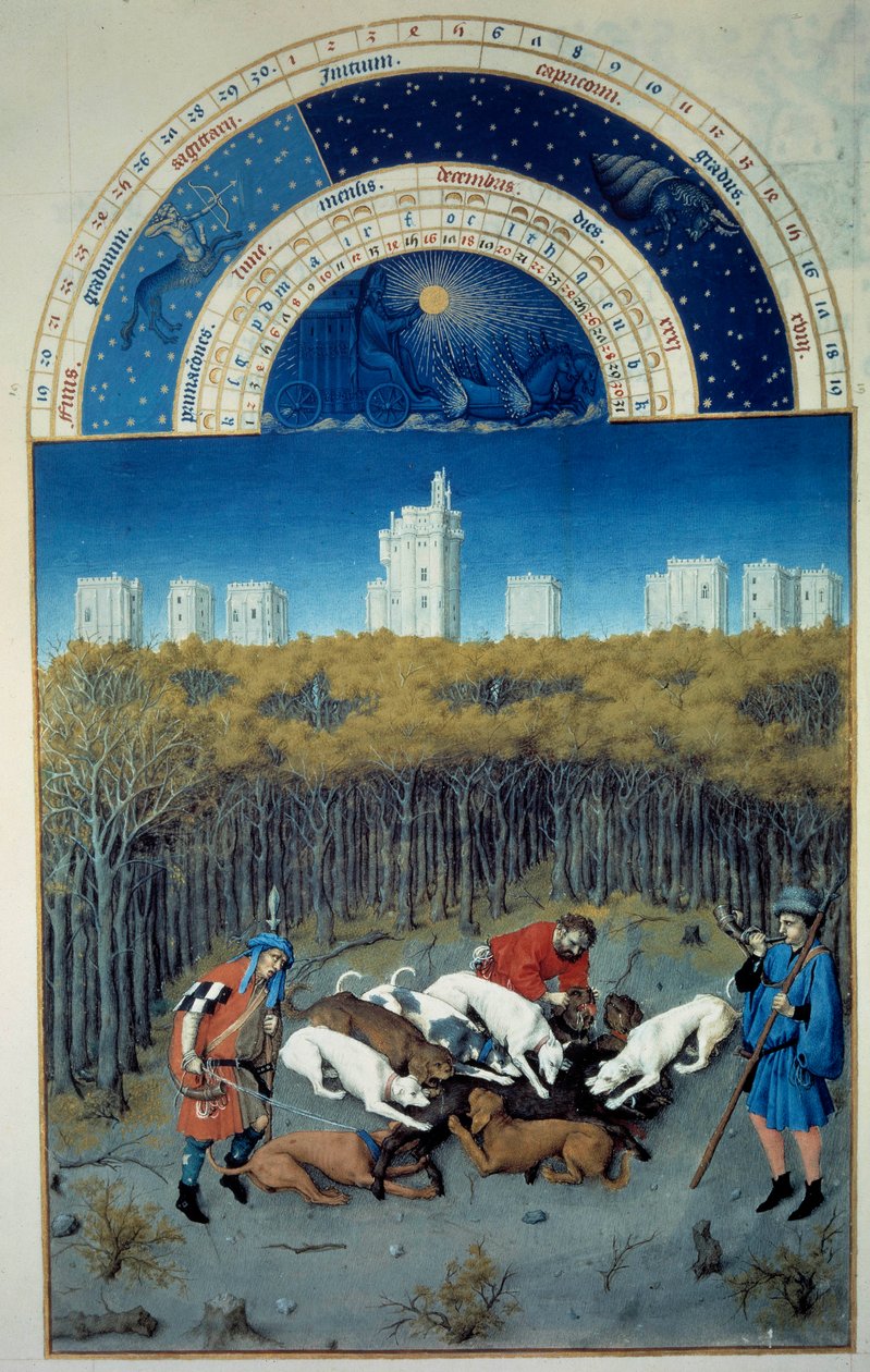 Diciembre: escena de caza. Al fondo vista de Vincennes. Miniatura flamenca de Pol De Limburg (siglo XV) del manuscrito 