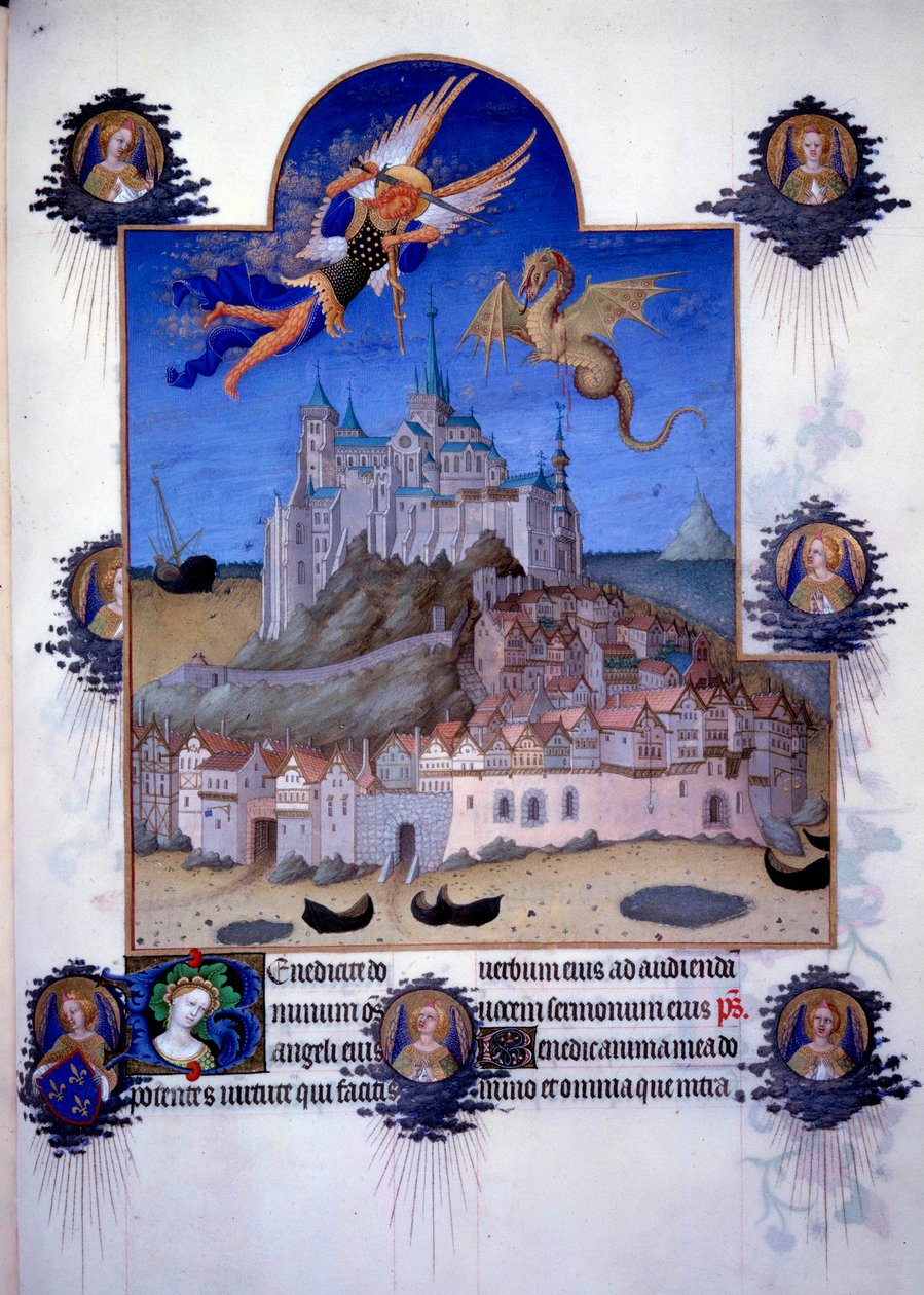 Vista de Mont Saint Michel: el arcángel San Miguel y el ala del dragón representados luchando en el aire. Miniatura flamenca de Pol de Limburg del 