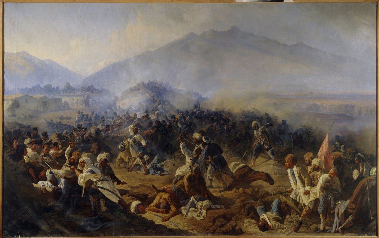 El sitio de Akhty en 1848. Escena de la batalla en las montañas del Cáucaso Norte, entre el ejército ruso y las tropas del imán Shamil (1797-1871), que dirige a sus guerreros con afán de independencia y por motivos religiosos (Yihad). Peintu de Polidor Ivanovich Babaev