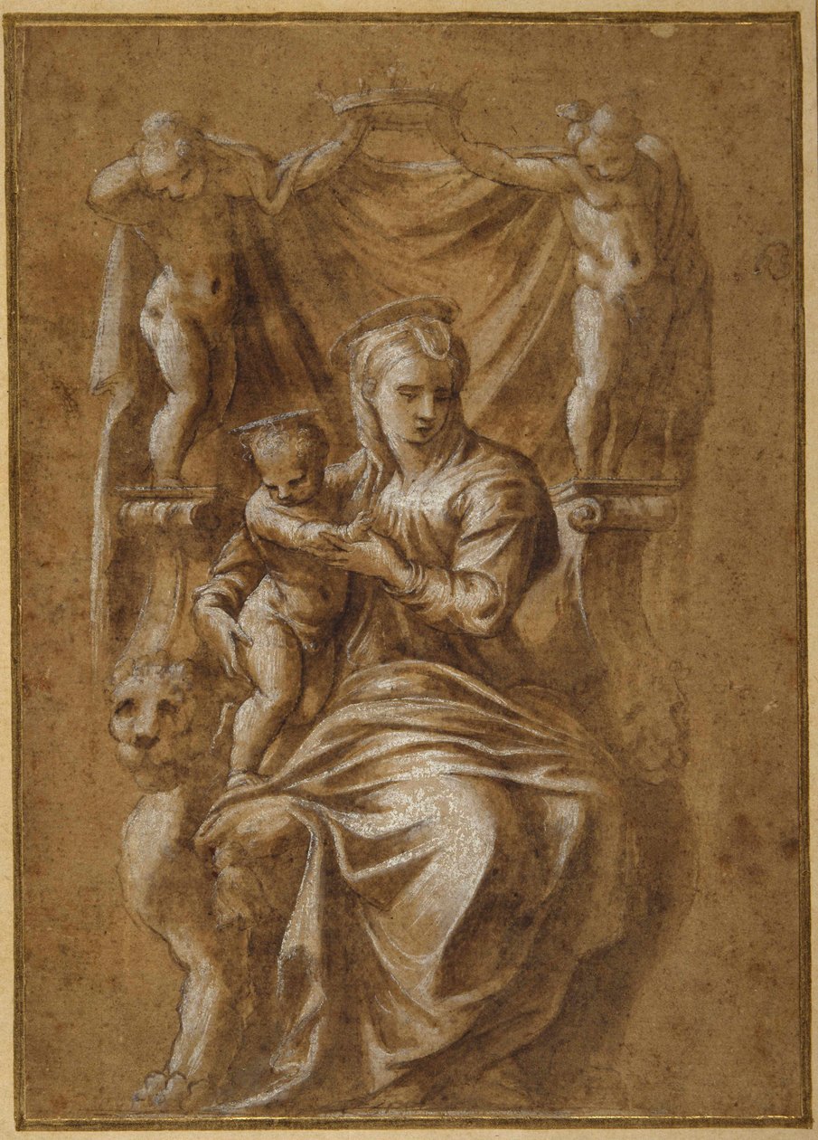 La Madonna y el Niño entronizados de Polidoro da (follower of) Caravaggio