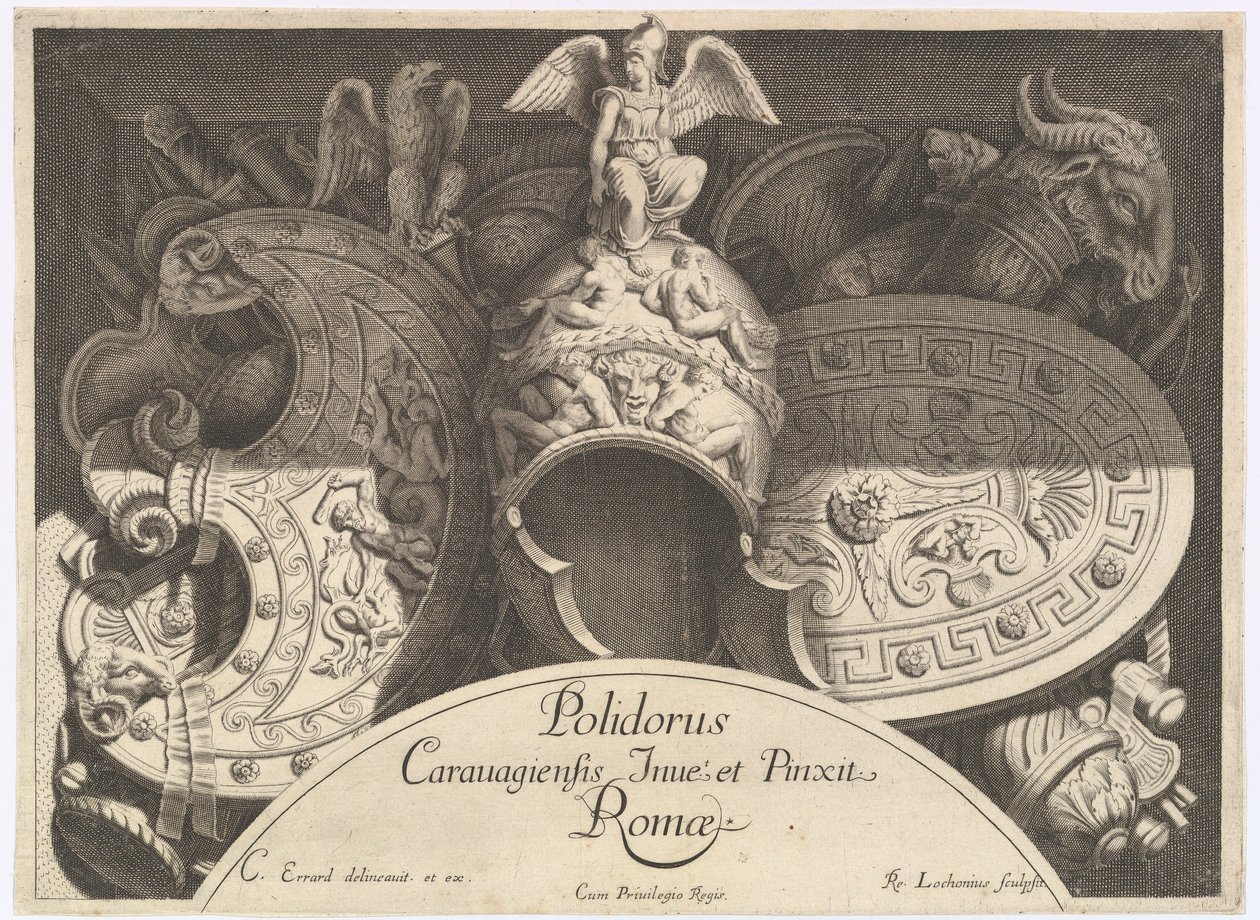 Diversos Trofeos de Armas después de la Fachada del Palazzo Milesi en Roma, 1651 de Polidoro da Caravaggio