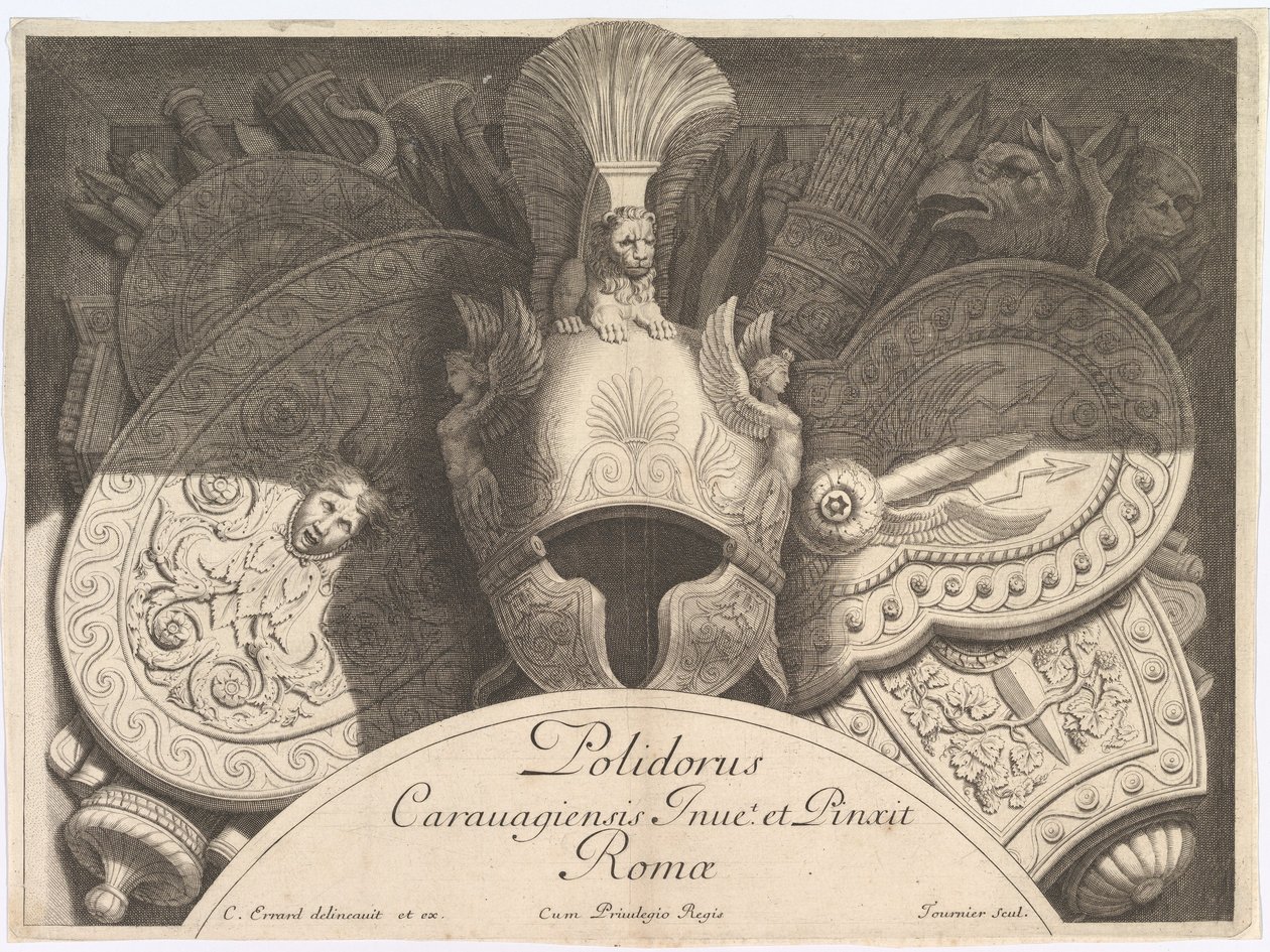 Diversos trofeos de armas después de la fachada del Palazzo Milesi en Roma, 1651. Creadores: Polidoro da Caravaggio, Rene Lochon de Polidoro da Caravaggio