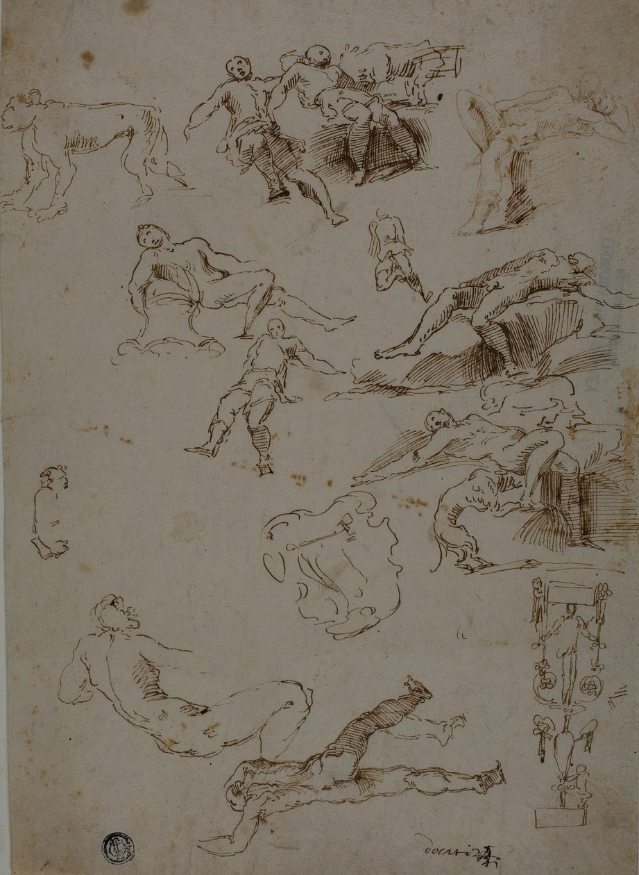 Bocetos de desnudos masculinos, animales y detalles ornamentales de Polidoro da Caravaggio