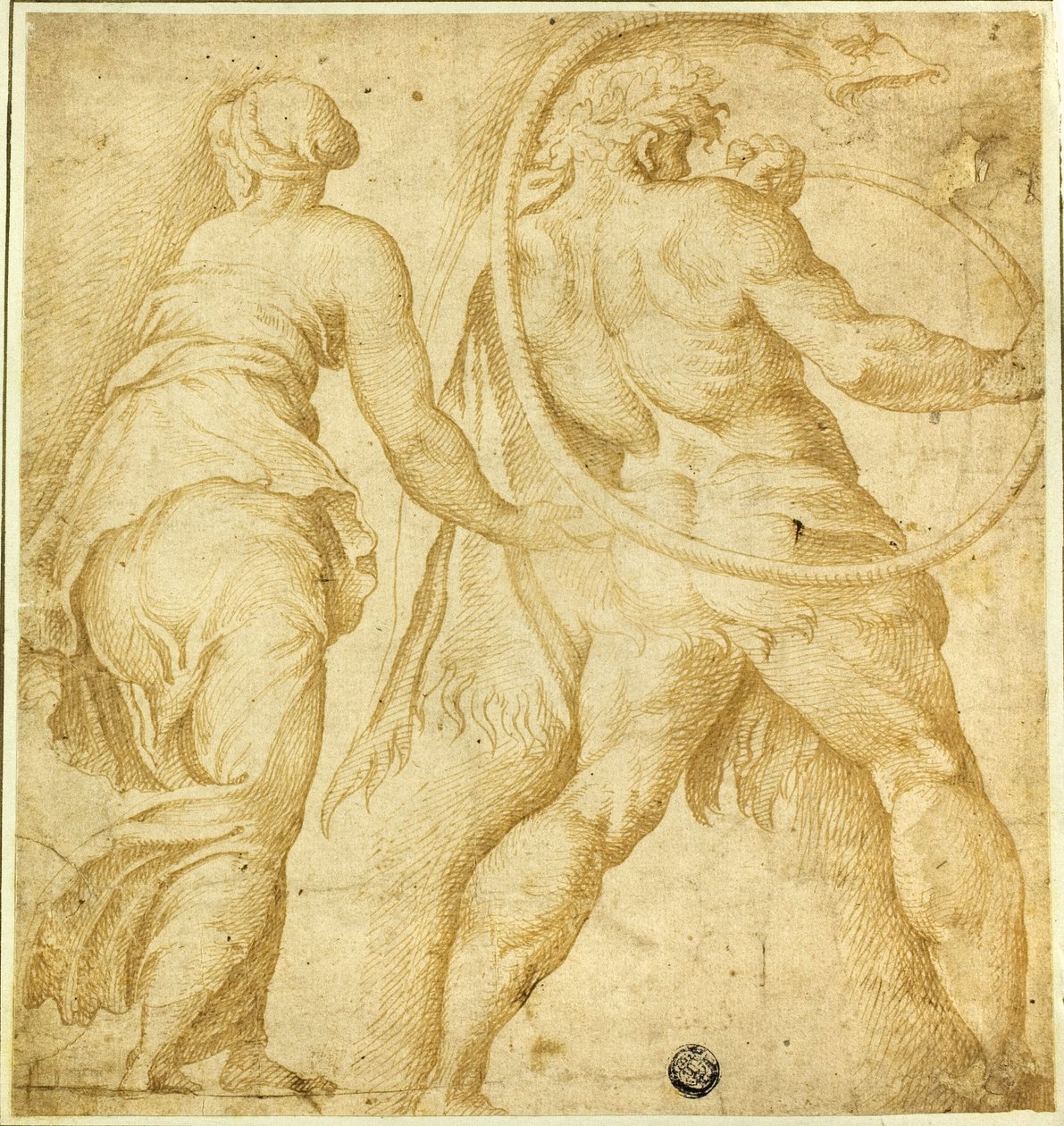 Mujer girando a la izquierda; desnudo masculino tocando la trompeta de Polidoro da Caravaggio