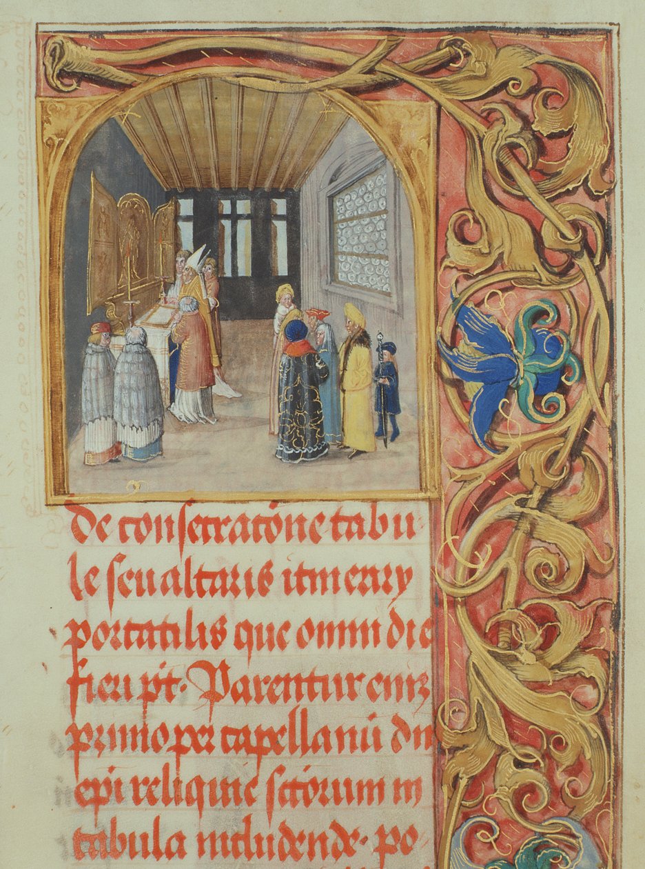 Consagración del Altar por el Obispo con la Asistencia de Canónigos y Fundadores Seculares del Pontifical del Obispo Erasmus Ciolek, c.1510 (temple y oro sobre pergamino) de Polish School