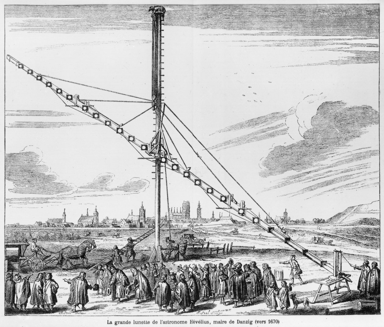 El gran telescopio astronómico de Johannes Hevelius (1611-1687) ilustración de Machina Coelestis por Hevelius, Gdansk, publicado en 1670 de Polish School