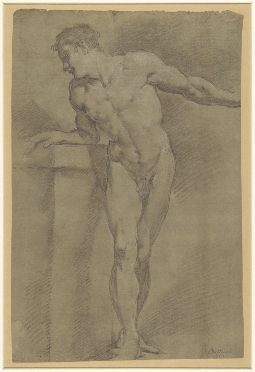 Estudio de un modelo masculino de pie apoyado en un parapeto de Pompeo Batoni