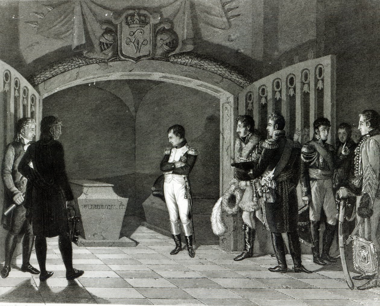 Napoleón meditando ante la tumba de Federico II de Prusia en la cripta de la Garnisonkirche en Potsdam, c.1810 de Ponce Camus. Marie Nicholas