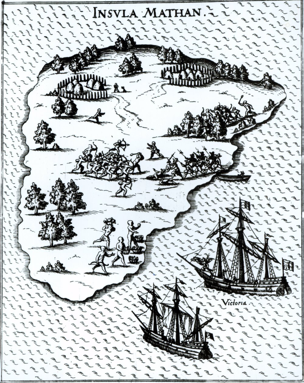 Fernando de Magallanes (c.1480-1521) luchando contra nativos en la isla de Mactán en 1521 de Portuguese School