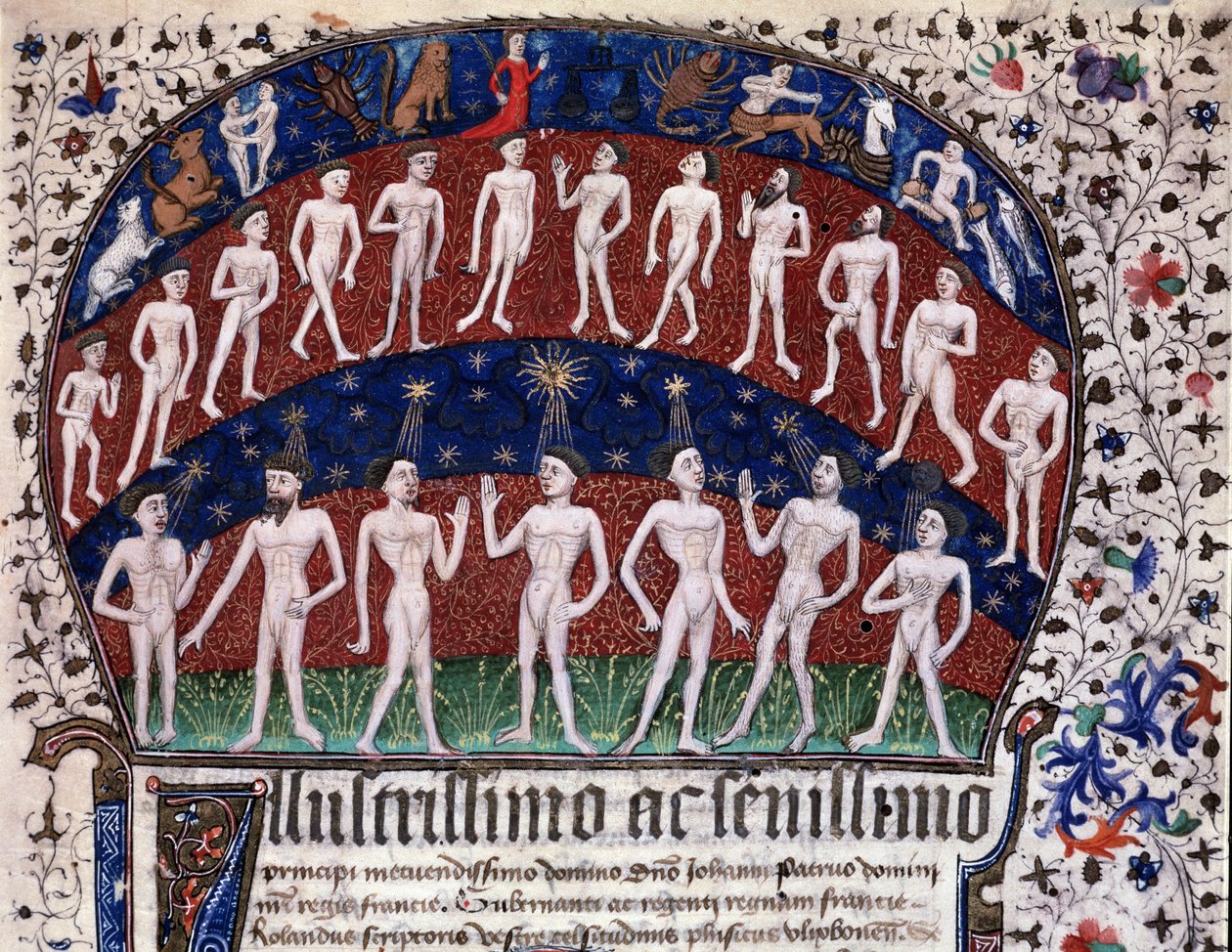 Lisboa, MS 52-XIII-18 f.1r, miniatura que representa las correspondencias entre los órganos y los planetas y la influencia de las estrellas en los estados de ánimo, de "Physionomia Rolandi Ulixbonensis", por Rolandus Scriptoris de Portuguese School