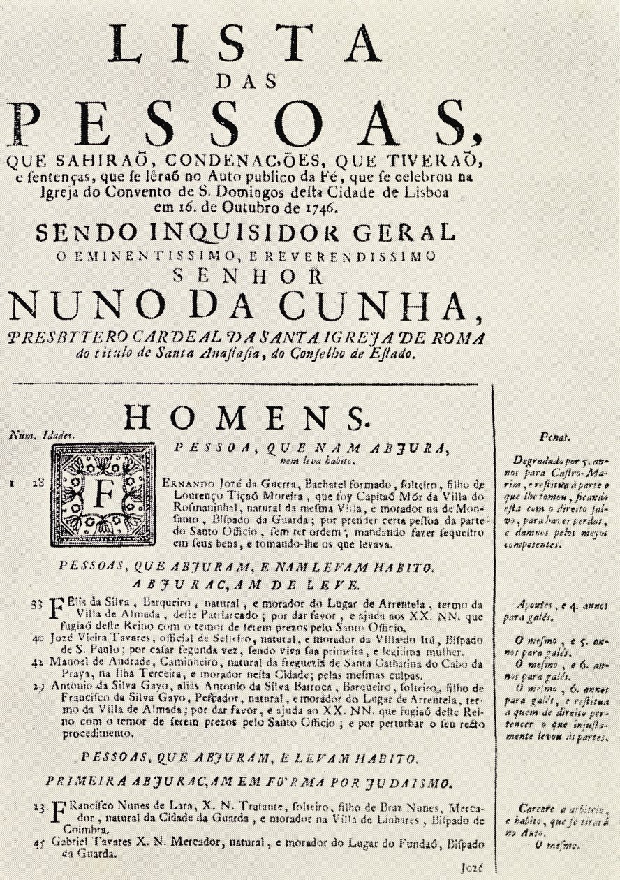 Programa para un Auto de Fe en Lisboa, 1746, de 