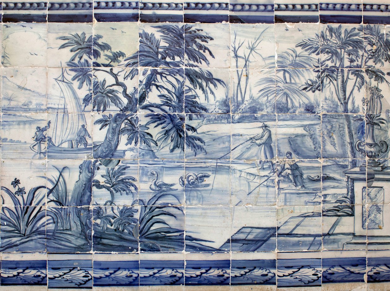 Pescadores de lago en Asia - Azulejos, loza pintada de Portuguese School