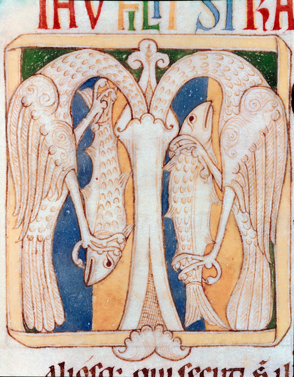 Cabecera decorada con garzas y peces. Miniatura del manuscrito “Testamentum Vetus” de Sancta Cruz de Coimbra. Siglo XII. Oporto, biblioteca municipal de Portuguese School