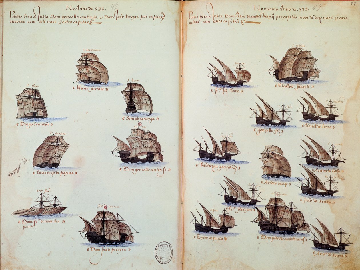 Página de manuscrito Memoriales de las armadas de Portugal bajo el rey Manuel I representando las flotas portuguesas de Portuguese School