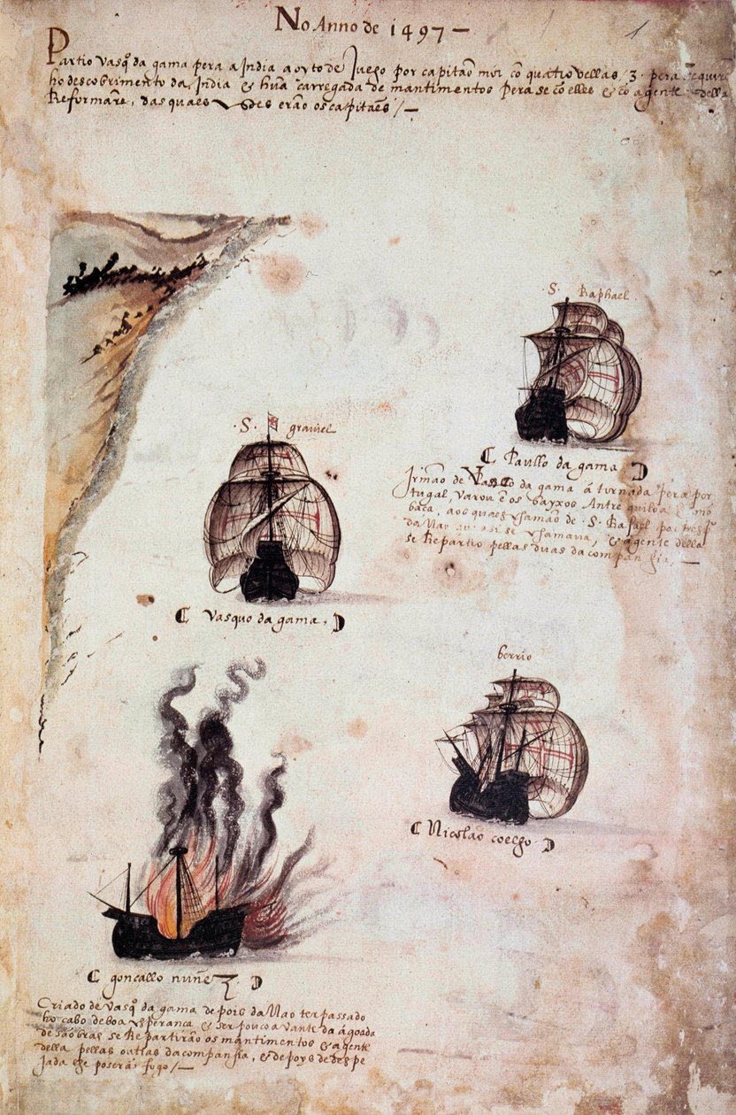 Página de manuscrito "Memoriales de las armadas de Portugal bajo el rey Manuel I (1469-1521)" representando las flotas portuguesas del año 1497. 1523 B.N. París de Portuguese School