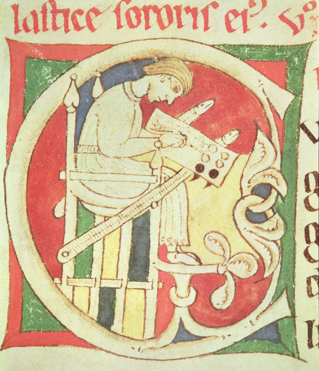 Inicial historiada C que representa a un monje escribiendo, de Vitae Sanctorum, Santa Cruz de Coimbra de Portuguese School