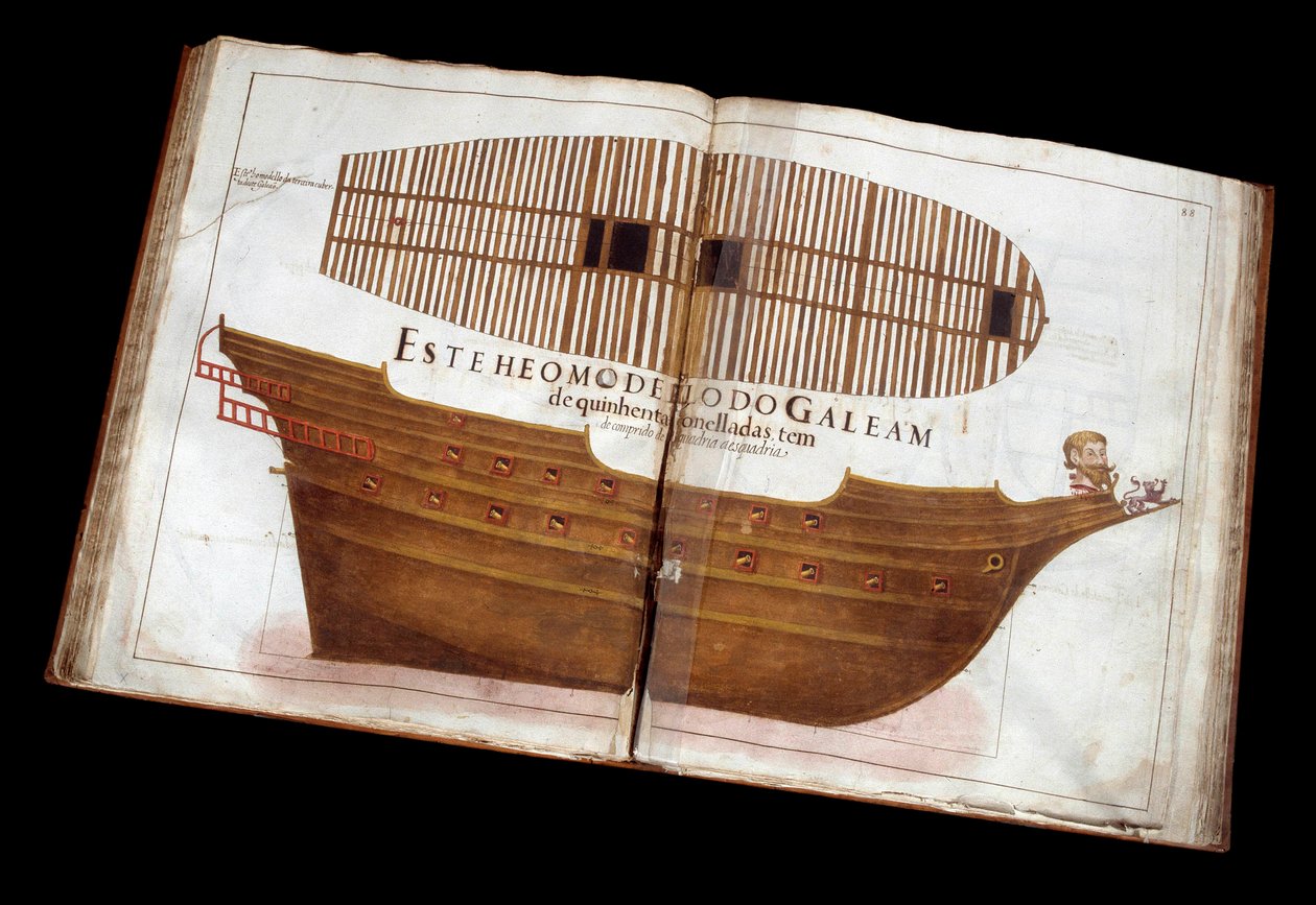 Arquitectura naval: página del tratado arquitectónico (Livro de Tracas de Carpintaria) de Manuel Fernandez: corte de un barco de Portuguese School