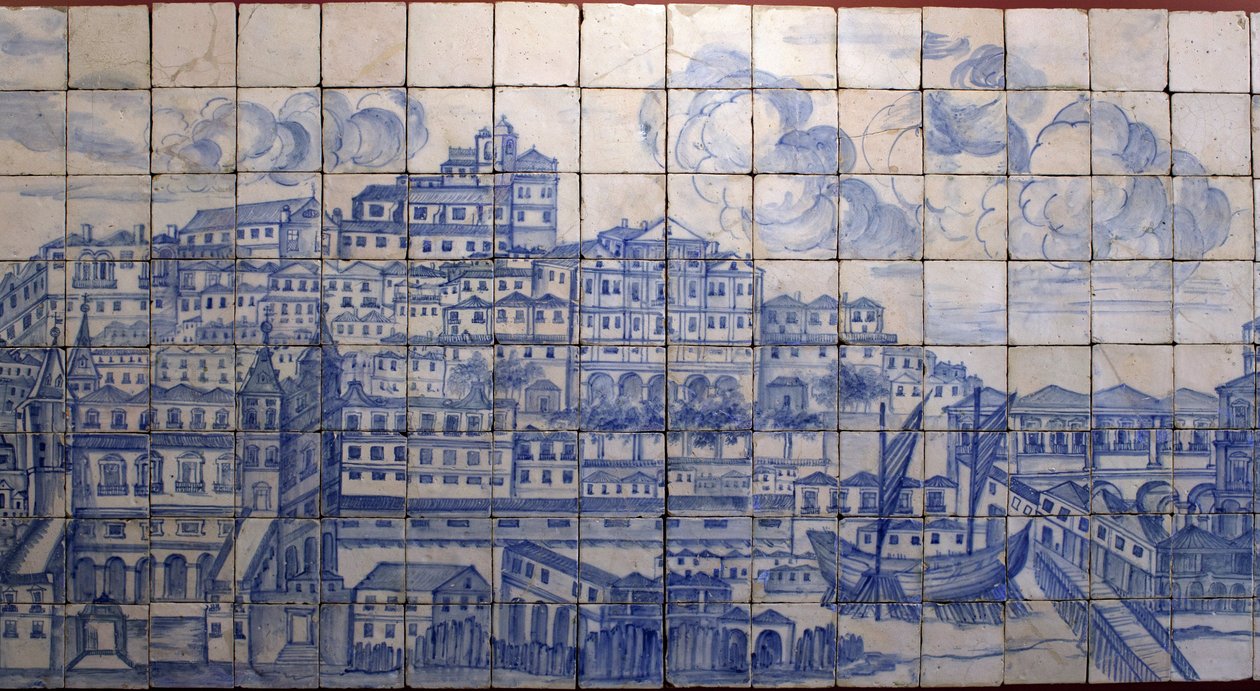 Vista panorámica de Lisboa, antes del terremoto de 1755 - Azulejos principios del siglo XVIII, panel de advertencia del antiguo palacio de los Condes de Tentugal, Lisboa de Portuguese School