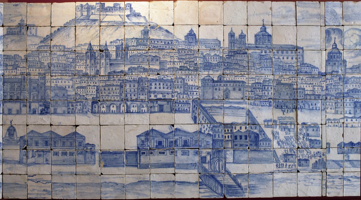 Vista panorámica de Lisboa, antes del terremoto de 1755 - Azulejos principios del siglo XVIII, panel de advertencia del antiguo palacio de los Condes de Tentúgal, Lisboa de Portuguese School