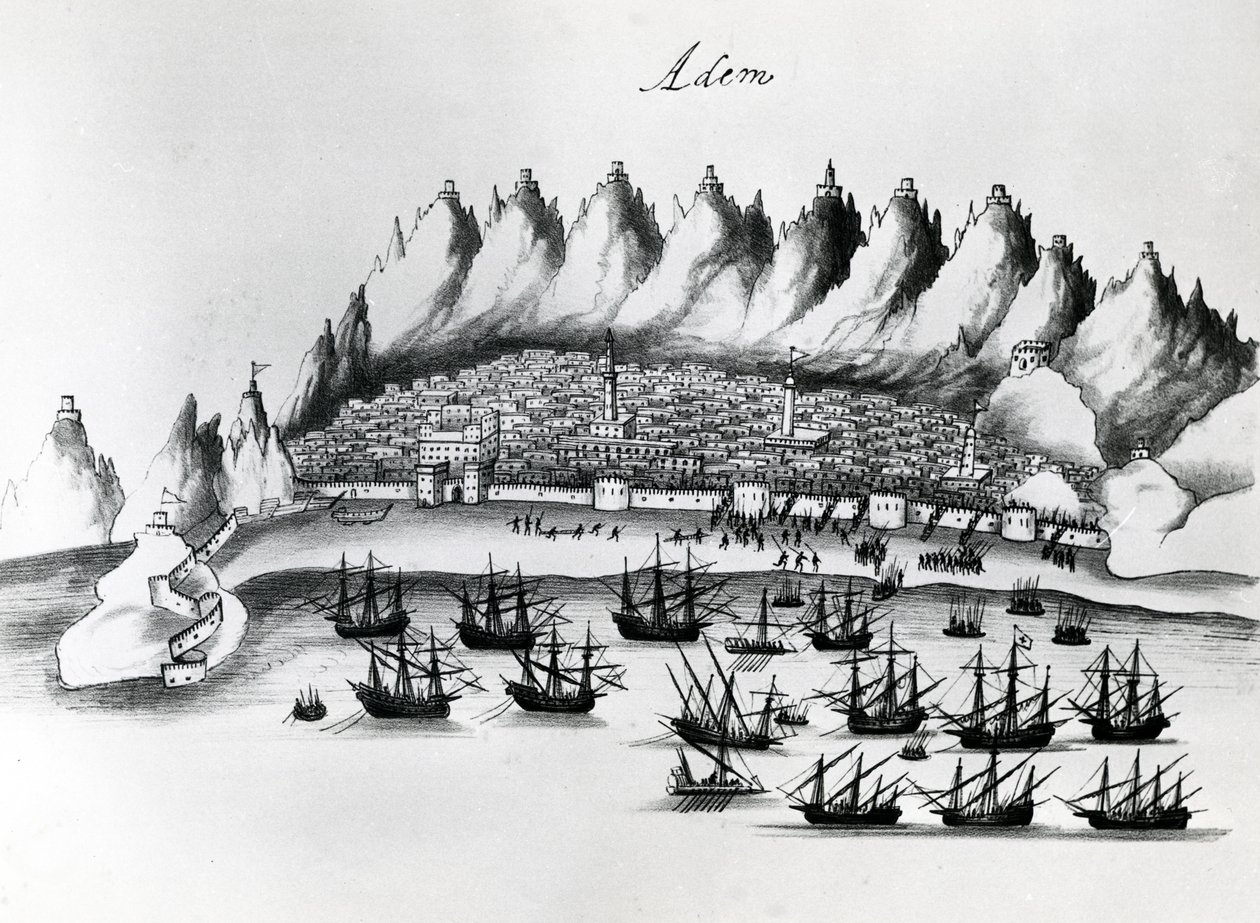Asalto portugués a Adén, ilustración de Leyendas de la India por Gaspar Correia, c.1858 de Portuguese School