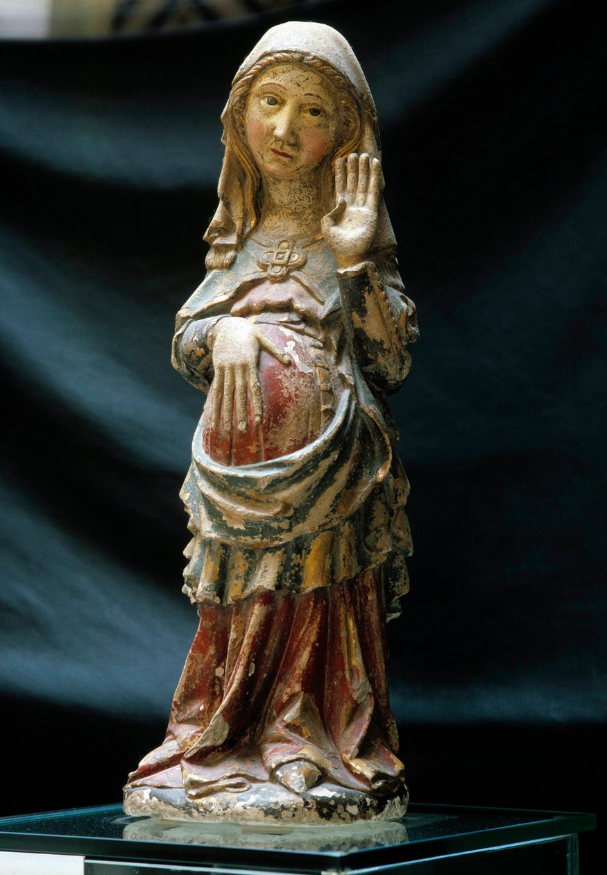 Arte portugués: representación de la Virgen embarazada con una mano en el vientre de Portuguese School