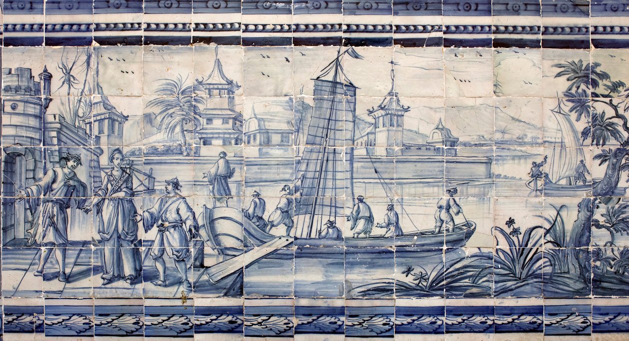 Escena en la orilla de un río en Asia - Azulejos, loza pintada de Portuguese School