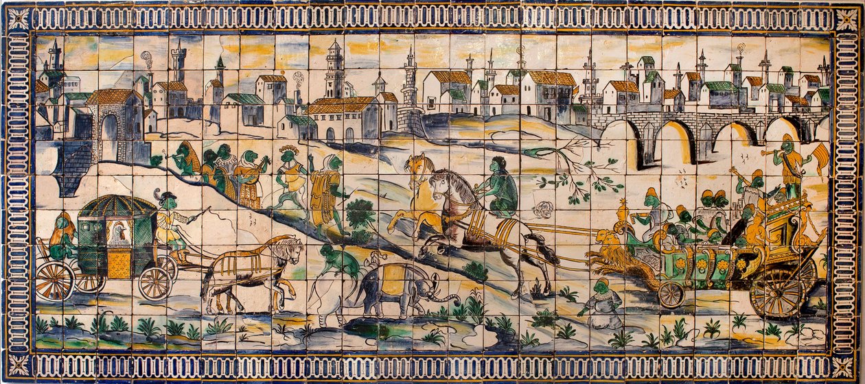 Singerie, el matrimonio de las gallinas - Panel de azulejos, circa 1665, de la antigua granja de Cadriceira, en Turcifal, Torres Vedras (Portugal) - Museo Nacional de Azulejos, Lisboa (Portugal) de Portuguese School